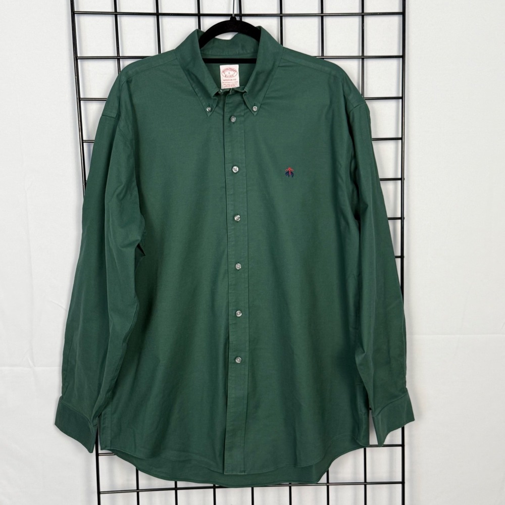 Brooks Brothers Button Down Shirt Mens Large Green Madison Fit Non-Iron Stretch